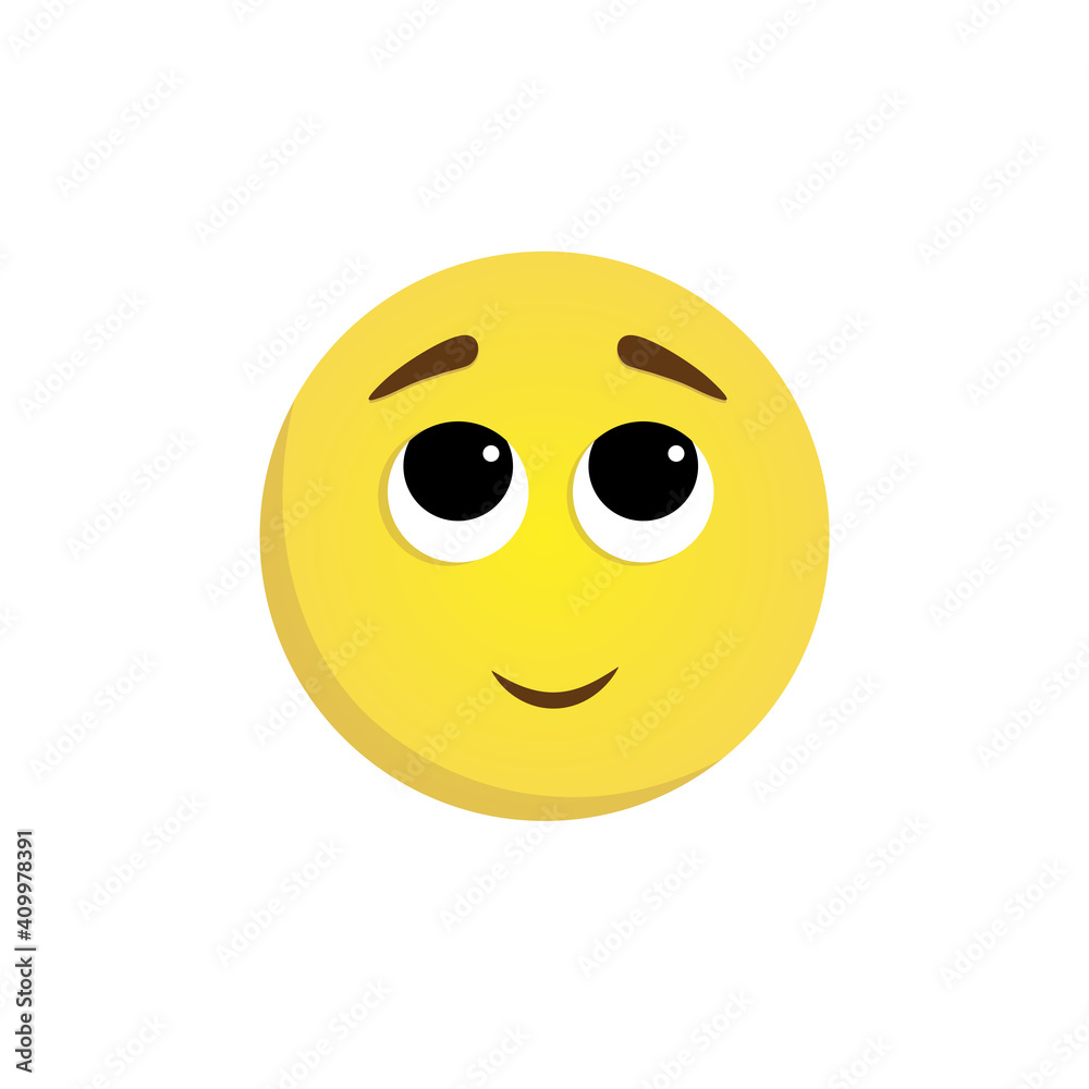 Dreaming emoticon expression character. Vector yellow face isolated on a  white background with upturned eyes, raised eyebrows, and cute smile Stock  Vector | Adobe Stock