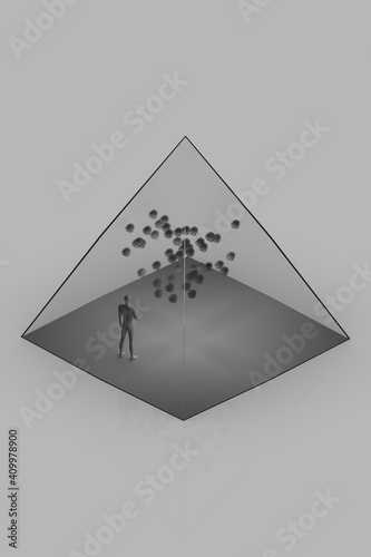 3d illustration with abstract human figure inside transparent glass tetrahedron with many virus cells photo