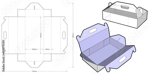 Cake Box with handle Ease of assembly, no need for glue (Internal measurement 40x20x8cm) and Die-cut Pattern. The .eps file is full scale and fully functional. Prepared for real cardboard production.