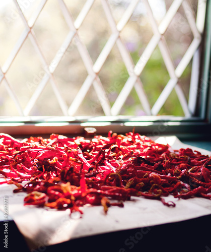 red chili peppers. dry red pepper on the window
