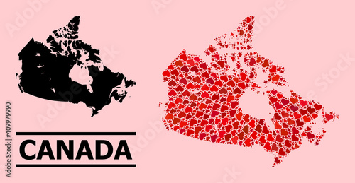 Love mosaic and solid map of Canada on a pink background. Mosaic map of Canada is created with red lovely hearts. Vector flat illustration for love abstract illustrations.