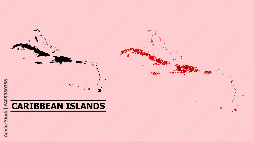 Love collage and solid map of Caribbean Islands on a pink background. Mosaic map of Caribbean Islands is created with red hearts. Vector flat illustration for dating conceptual illustrations. Love collage and solid map of Caribbean Islands on a pink background. Mosaic map of Caribbean Islands is created with red hearts. Vector flat illustration for dating conceptual illustrations.