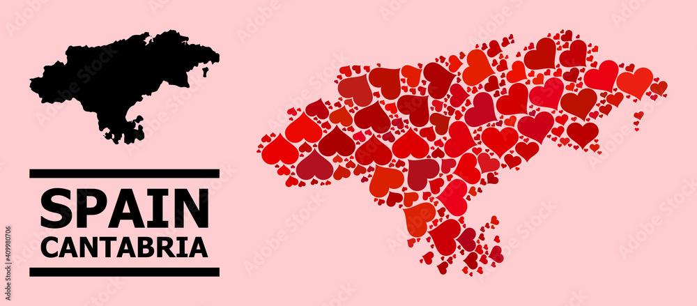 Obraz premium Love mosaic and solid map of Cantabria Province on a pink background. Collage map of Cantabria Province is composed with red lovely hearts. Vector flat illustration for love conceptual illustrations.