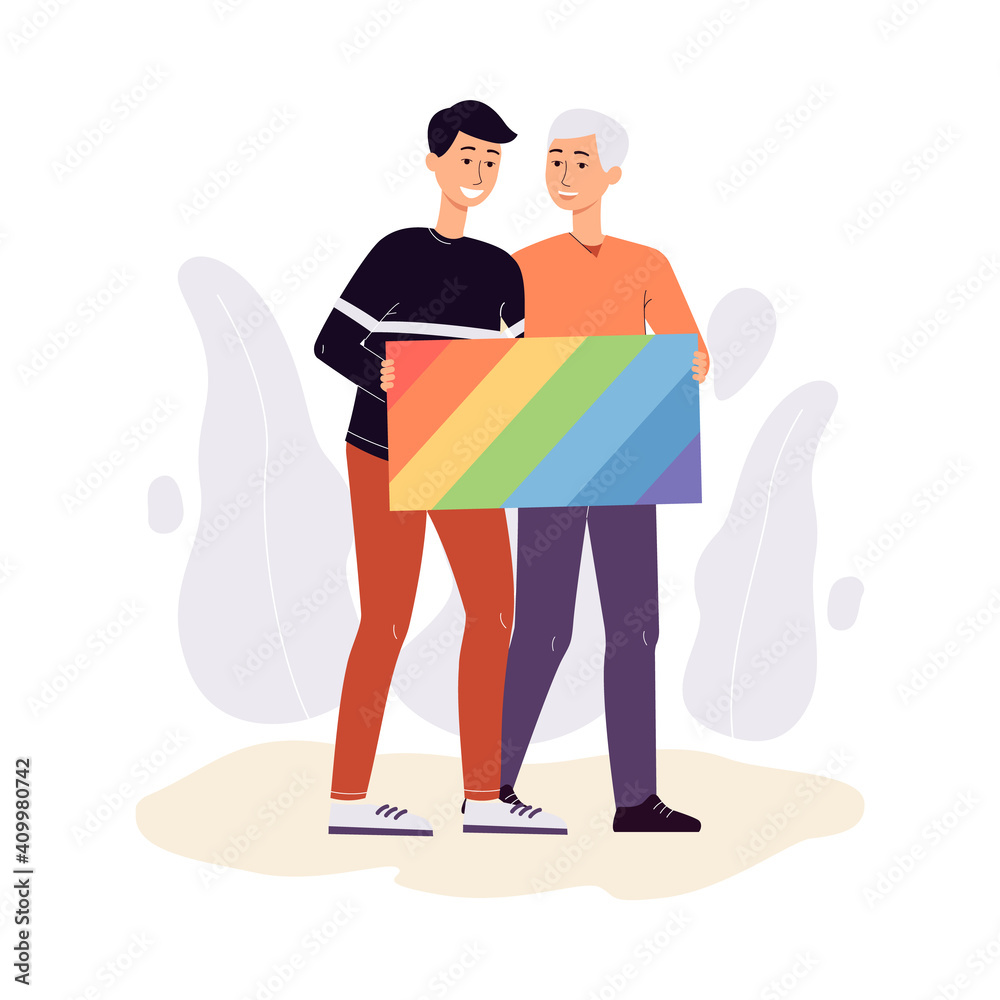 Homosexual couple or gay couple with LGBT flag flat vector illustration isolated.