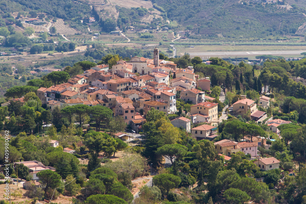 View over a rural village on the island of Elba in Italy