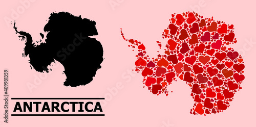 Love mosaic and solid map of Antarctica on a pink background. Mosaic map of Antarctica is formed from red lovely hearts. Vector flat illustration for love concept illustrations.