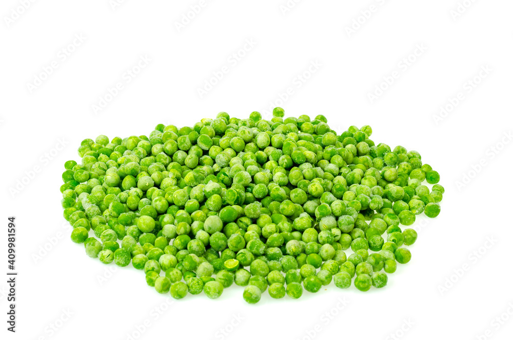Pile of frozen blanched green peas isolated on white background. Healthy food. Studio Photo Pile of frozen blanched green peas isolated on white background. Healthy food. Studio Photo