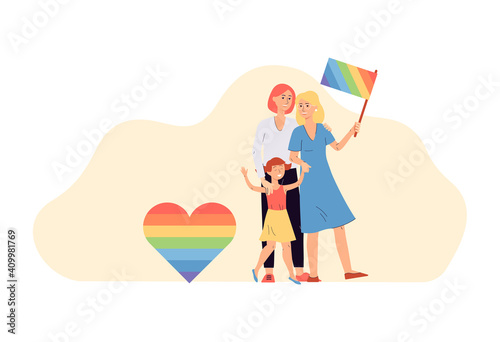 Happy same sex lgbt couple with their daughter a flat vector illustration