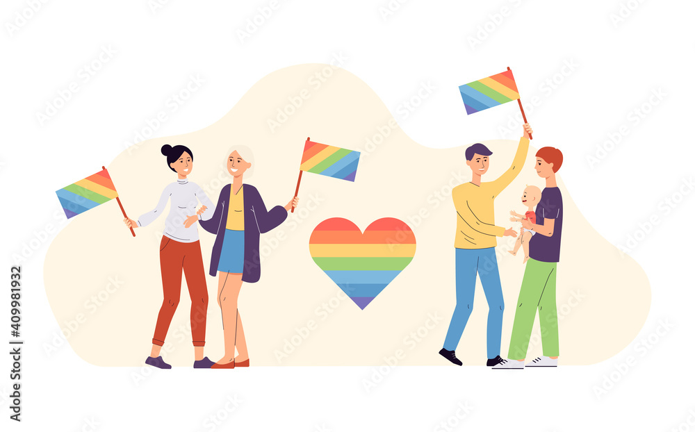 Fototapeta premium Homosexual and lesbian couples with LGBT symbols, vector illustration isolated.