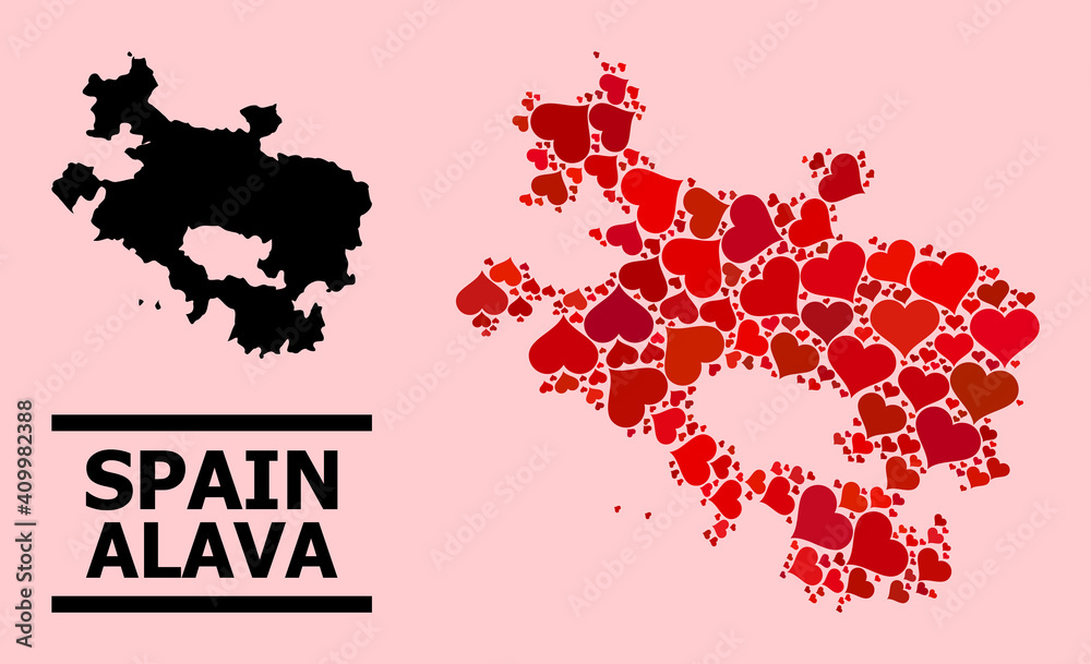 Love mosaic and solid map of Alava Province on a pink background. Mosaic map of Alava Province created with red love hearts. Vector flat illustration for marriage conceptual illustrations. Love mosaic and solid map of Alava Province on a pink background. Mosaic map of Alava Province created with red love hearts. Vector flat illustration for marriage conceptual illustrations.