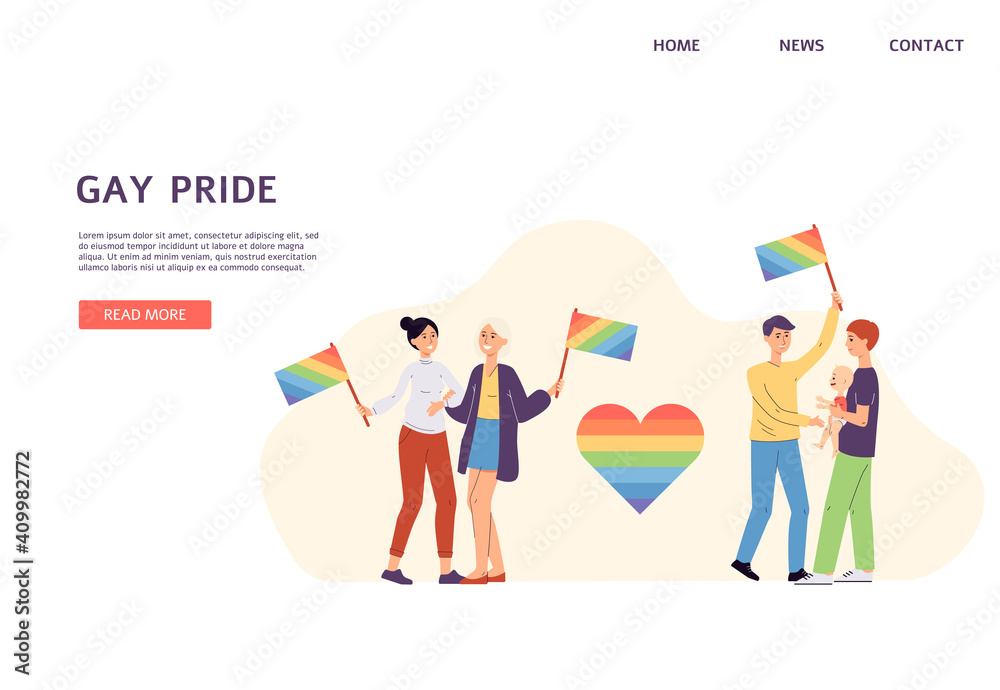 Web banner for gay pride parade with same-sex couples flat vector illustration.