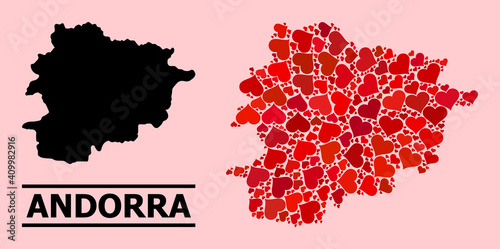 Love mosaic and solid map of Andorra on a pink background. Mosaic map of Andorra formed with red valentine hearts. Vector flat illustration for love conceptual illustrations.