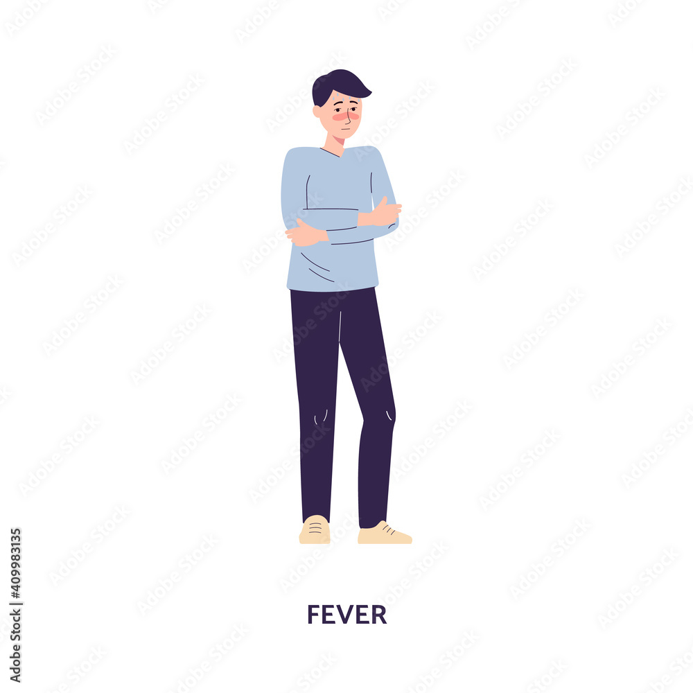 Sick man got a fever or high temperature, flat vector illustration isolated.