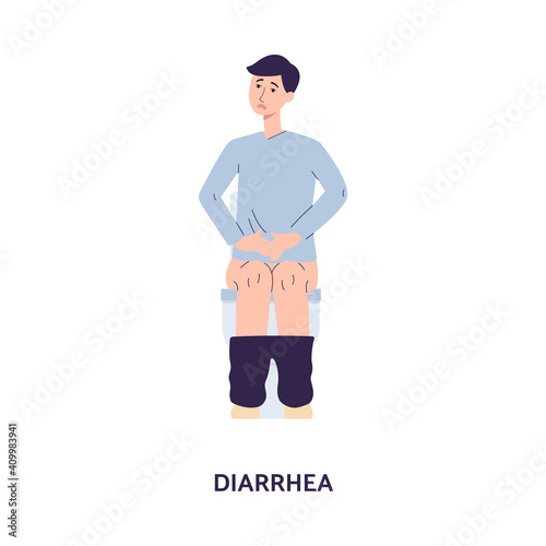 Diarrhea symptom with man sitting on toilet, flat vector illustration isolated.