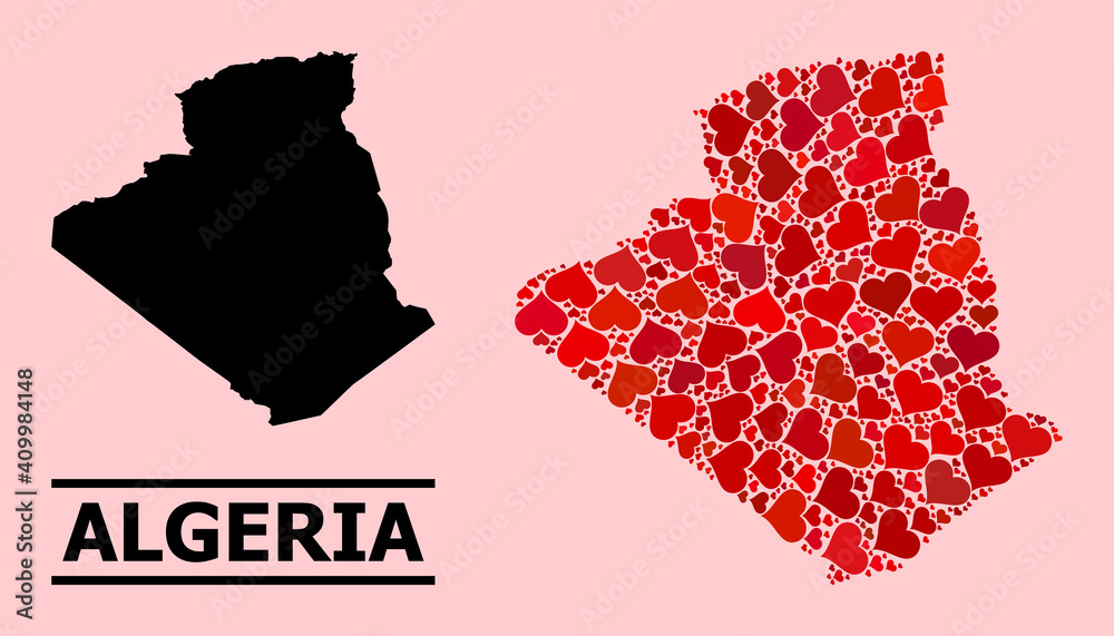 Love collage and solid map of Algeria on a pink background. Mosaic map of Algeria is composed from red love hearts. Vector flat illustration for love conceptual illustrations.
