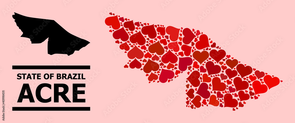 Love mosaic and solid map of Acre State on a pink background. Mosaic map of Acre State is designed with red valentine hearts. Vector flat illustration for dating conceptual illustrations.