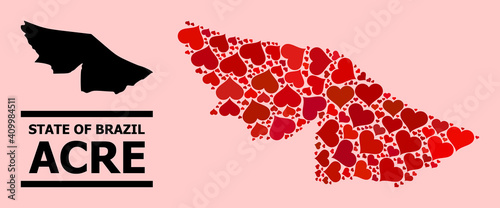 Love mosaic and solid map of Acre State on a pink background. Mosaic map of Acre State is designed with red valentine hearts. Vector flat illustration for dating conceptual illustrations.