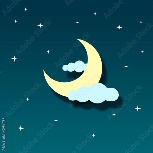 Creative conceptual vector illustration. Imitation paper curve cut background with moon and clouds in the night.