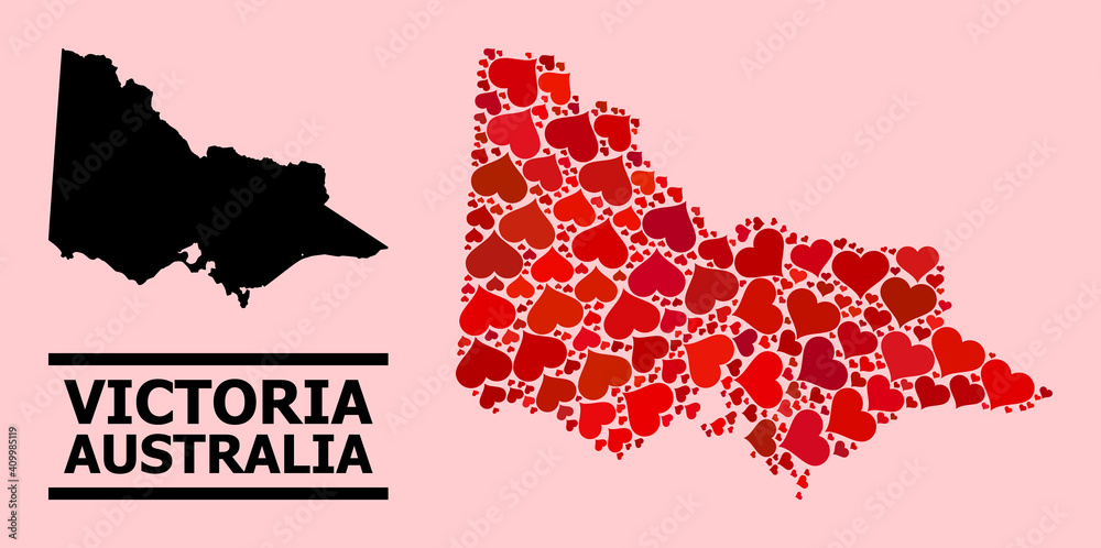 Love mosaic and solid map of Australian Victoria on a pink background. Collage map of Australian Victoria designed with red love hearts. Vector flat illustration for dating abstract illustrations.