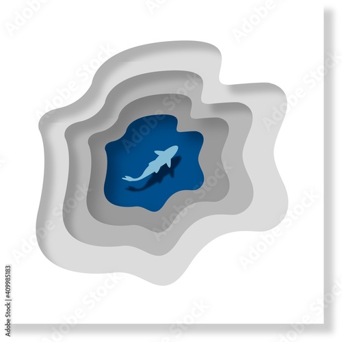 Creative conceptual vector illustration. underwater cave with fish imitation paper.