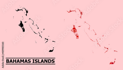 Love collage and solid map of Bahamas Islands on a pink background. Collage map of Bahamas Islands is composed with red love hearts. Vector flat illustration for marriage abstract illustrations.