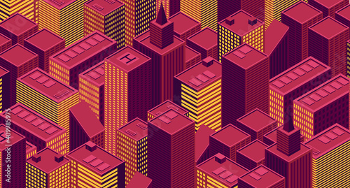 Isometric futuristic city vector illustration. Isometric urban megalopolis top view of the city and architecture 3d elements different buildings