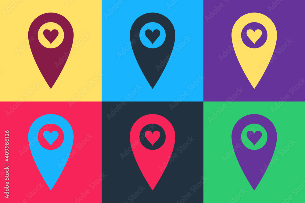 Pop art Map pointer with heart icon isolated on color background. Valentines day. Love location. Romantic map pin. Vector. Pop art Map pointer with heart icon isolated on color background. Valentines day. Love location. Romantic map pin. Vector.