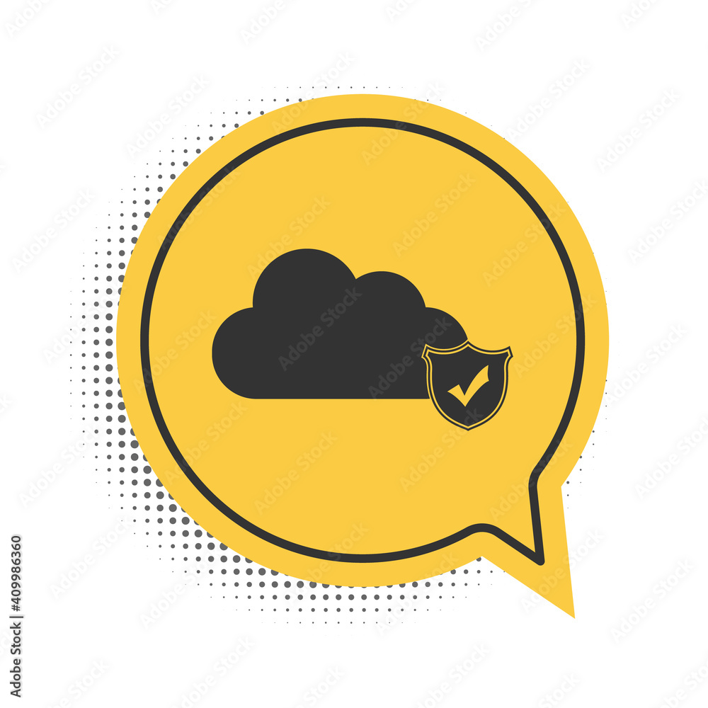 Black Cloud and shield with check mark icon isolated on white background. Cloud storage data protection. Security, safety, protection, privacy. Yellow speech bubble symbol. Vector. Black Cloud and shield with check mark icon isolated on white background. Cloud storage data protection. Security, safety, protection, privacy. Yellow speech bubble symbol. Vector.