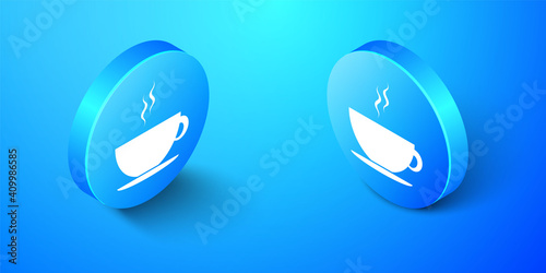 Isometric Coffee cup icon isolated on blue background. Tea cup. Hot drink coffee. Blue circle button. Vector.