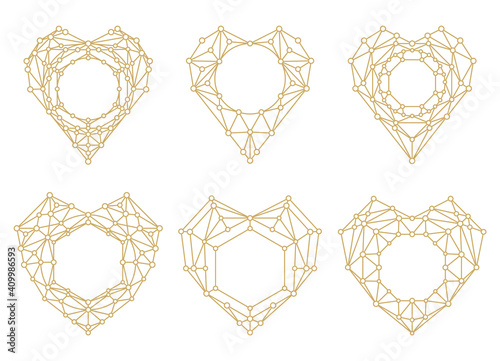 Heart shape frames. Vector crystal forms. Golden geometric hearts. Frames for wedding invitation, Valentine's Day or another occasion.
