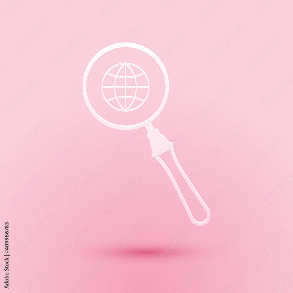 Paper cut Magnifying glass with globe icon isolated on pink background. Analyzing the world. Global search sign. Paper art style. Vector. Paper cut Magnifying glass with globe icon isolated on pink background. Analyzing the world. Global search sign. Paper art style. Vector.