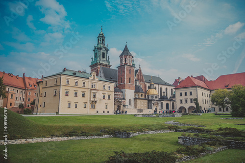 Royal Archcathedral Basilica of Saint Stanislaus and Wenceslaus on the Wawel Hill also known as the Wawel Cathedral in Krakow Royal Castle on sunny autumn day. One of most popular landmarks in Poland