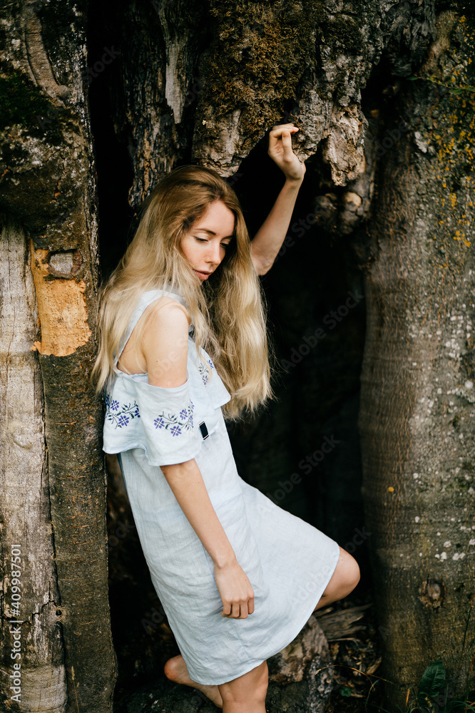 Fototapeta premium Young attractive blonde girl in blue romantic dress posing with old tree