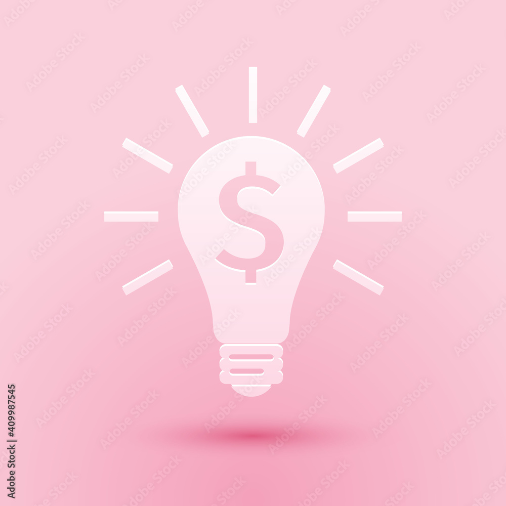 Paper cut Light bulb with dollar symbol icon isolated on pink background. Money making ideas. Fintech innovation concept. Paper art style. Vector. Paper cut Light bulb with dollar symbol icon isolated on pink background. Money making ideas. Fintech innovation concept. Paper art style. Vector.