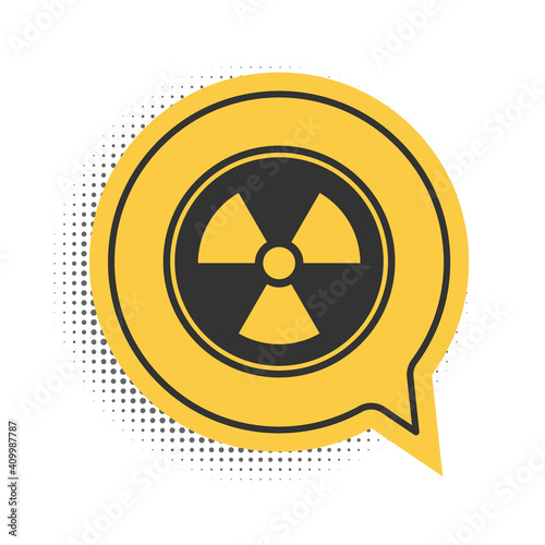 Black Radioactive icon isolated on white background. Radioactive toxic symbol. Radiation Hazard sign. Yellow speech bubble symbol. Vector.