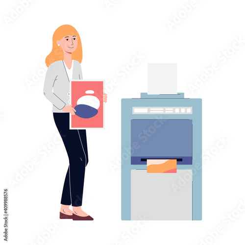 Woman printing house employee hold color copy working with printing equipment.