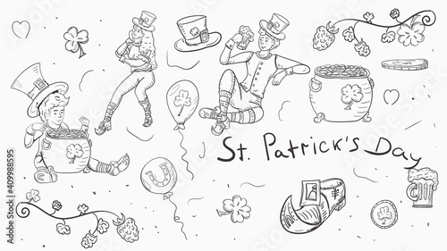 a large set of illustrations in the style of childrens doodles for the design of designs on the theme of the holiday of St. Patricks Day