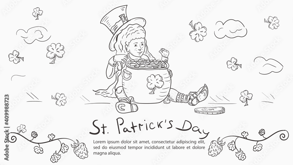Outline illustration banner in the style of childrens doodles for decorating designs on the theme of St. Patricks Day A girl in a leprechaun costume holds a kite with gold coins