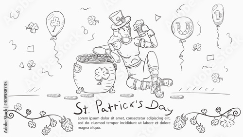 Outline illustration banner in the style of childrens doodles for decorating designs on the theme of St. Patricks Day A leprechaun girl holds a mug of ale leaning on a pot of gold