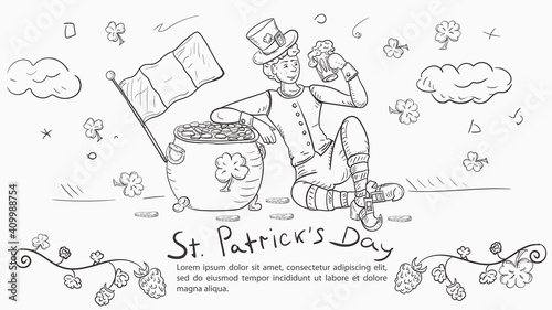 Outline illustration banner in the style of childrens doodles for decorating designs on the theme of St. Patricks Day A leprechaun guy holds a mug of ale leaning on a pot of gold
