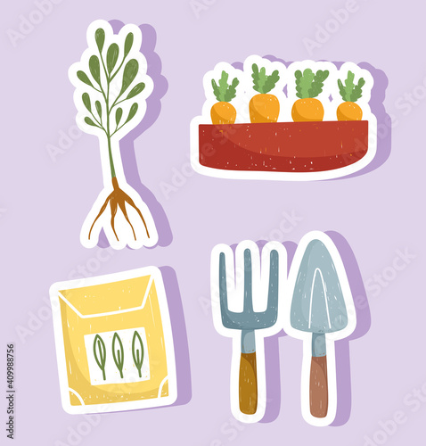 gardening plant carrots pack seeds and tools stickers hand drawn color