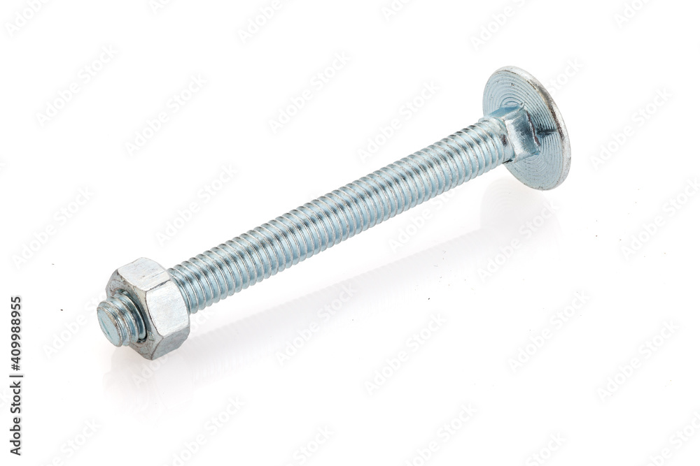 A screw with a smooth head and a square section underneath, isolated on a white background. Close-up. Full depth of field. A screw with a smooth head and a square section underneath, isolated on a white background. Close-up. Full depth of field.