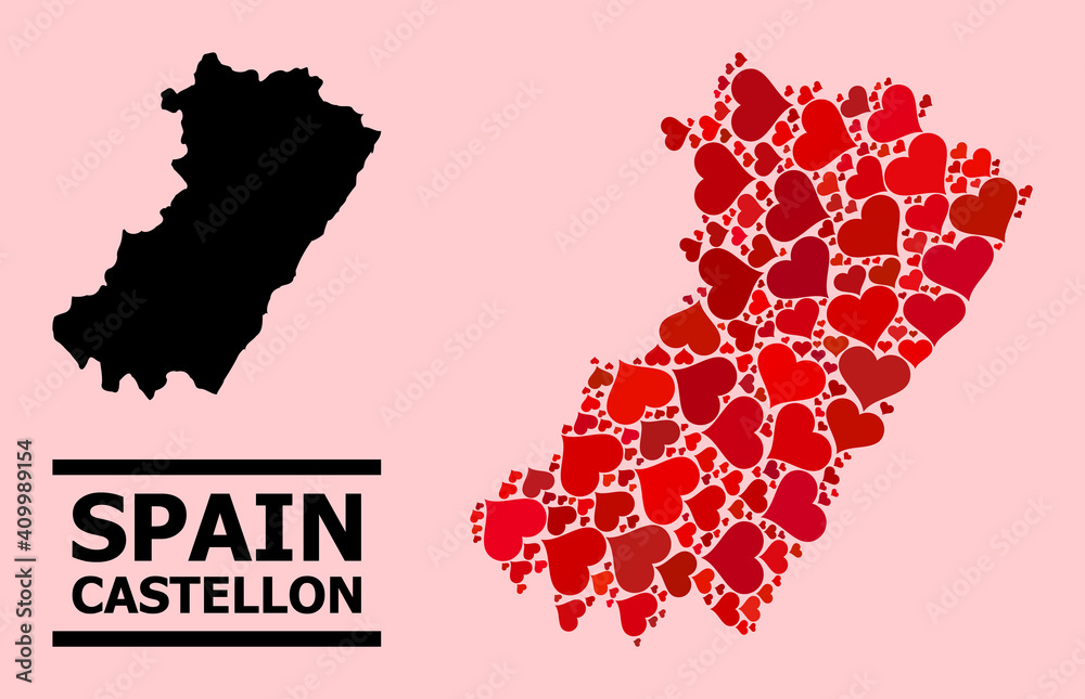 Love collage and solid map of Castellon Province on a pink background. Collage map of Castellon Province is designed with red lovely hearts. Love collage and solid map of Castellon Province on a pink background. Collage map of Castellon Province is designed with red lovely hearts.
