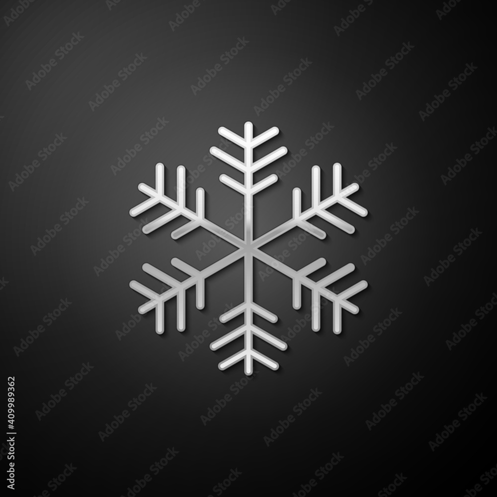 Silver Snowflake icon isolated on black background. Long shadow style. Vector.