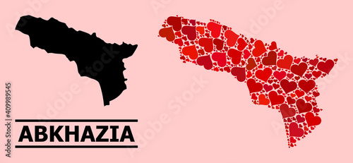Love pattern and solid map of Abkhazia on a pink background. Collage map of Abkhazia is formed with red love hearts. Vector flat illustration for dating concept illustrations.