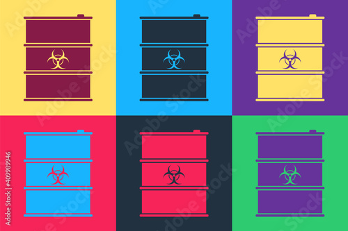 Pop art Biological hazard or biohazard barrel icon isolated on color background. Radioactive garbage emissions, danger of ecological disaster. Vector.