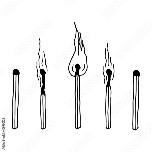A set of matches. A whole and burning match with fire, a match with coal, with smoke. Vector illustration in doodle outline style on a white background.