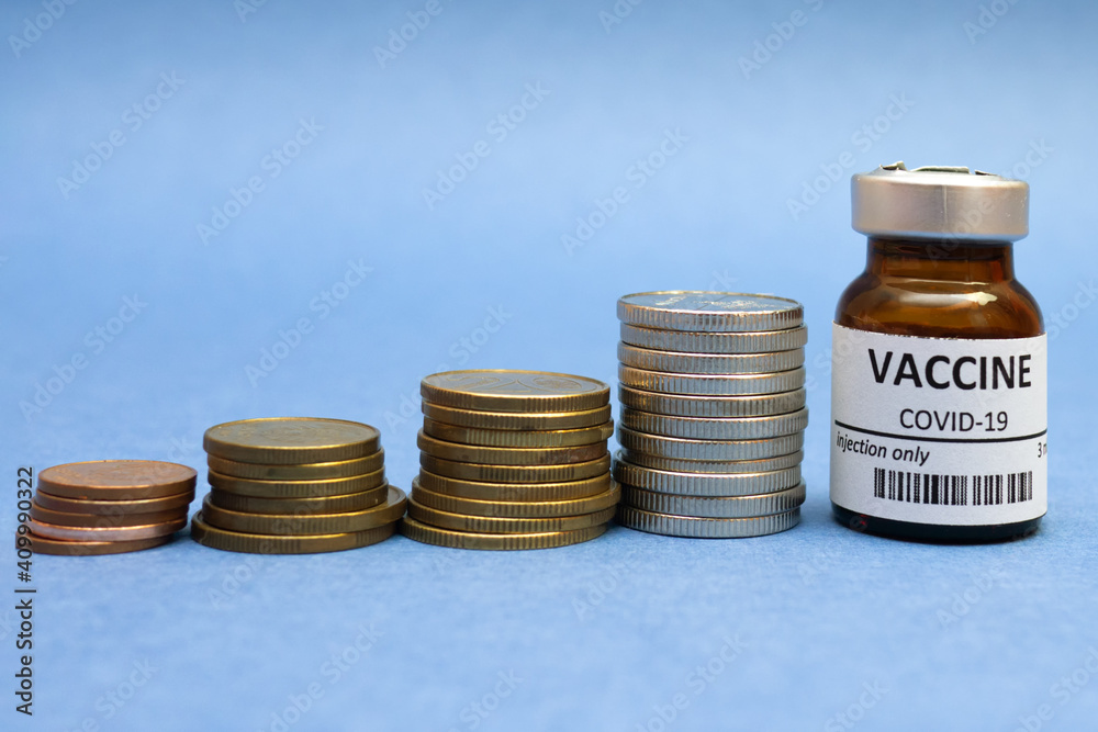 Coronavirus vaccine cost. vaccine ampoule and money. Fight against Covid19. Pevention