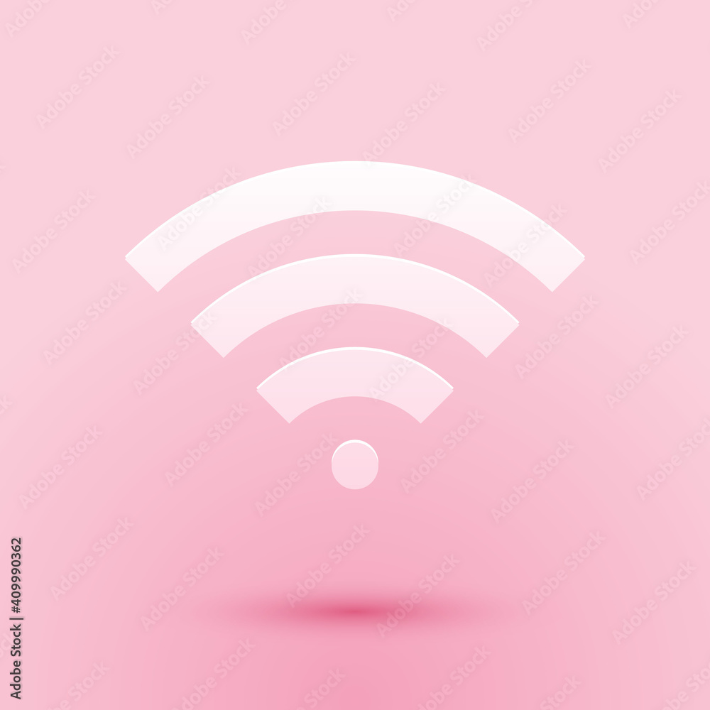 Paper cut Wi-Fi wireless internet network symbol icon isolated on pink background. Paper art style. Vector. Paper cut Wi-Fi wireless internet network symbol icon isolated on pink background. Paper art style. Vector.