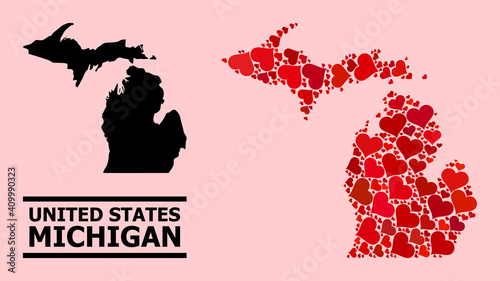Love collage and solid map of Michigan State on a pink background. Collage map of Michigan State formed from red love hearts. Vector flat illustration for dating abstract illustrations.